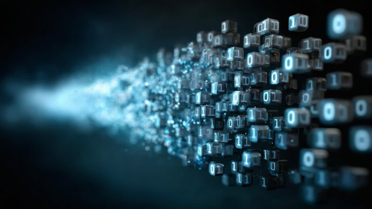 Digital Data Stream: A Visual Representation of Binary Code Flowing Through a Dark Environment, Illustrating the Power and Complexity of Information Technology