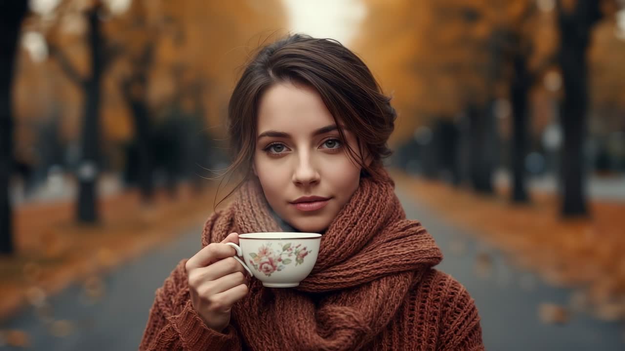 Woman inhaling aroma from floral teacup on park path, with swirling leaves dancing in breeze