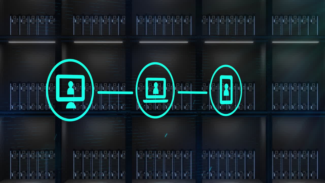 Animation of connections with icons over computer servers