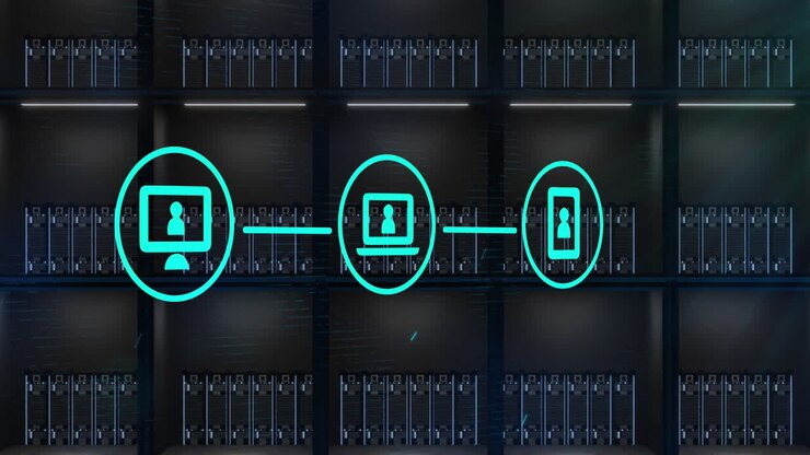 Animation of connections with icons over computer servers