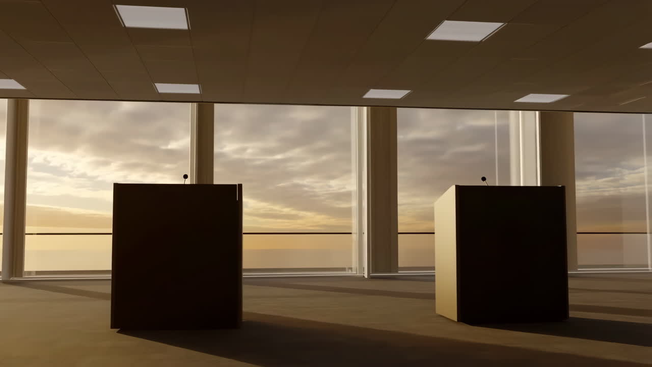 Empty Conference Room with Two Podiums and Sunset View