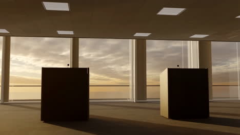 empty conference room with two podiums and sunset view