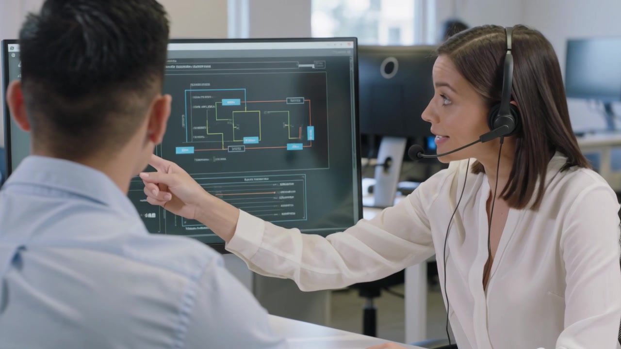 Parlando in un auricolare, donna in camicetta bianca che guida un collega alla scrivania su un diagramma scuro sul monitor