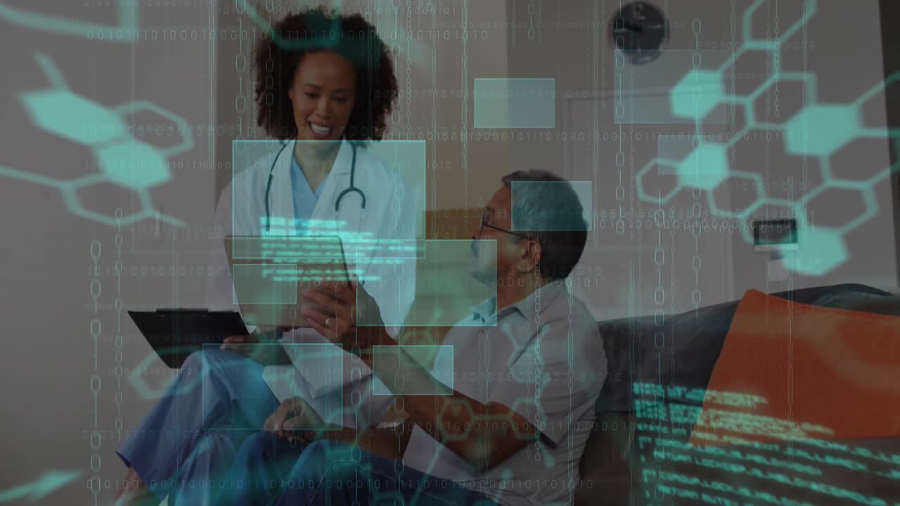 Animation of scientific data processing over biracial female doctor and male patient