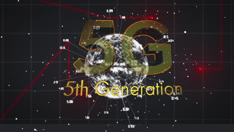 5g text and light trails against globe of network of connections on black background