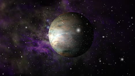 un planeta púrpura contra un fondo de nubes nebulosas
