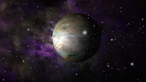 a purple planet against a nebula cloud background