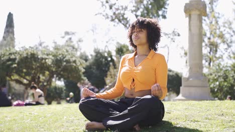 mujer negra tranquila meditando en pose de loto en el parque