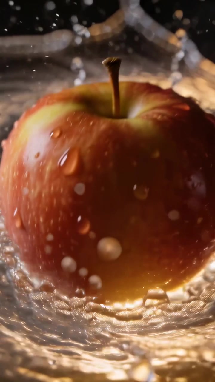 Vertical video: Dropping red-yellow apple splashing in shallow bowl, making crown drops and ripples
