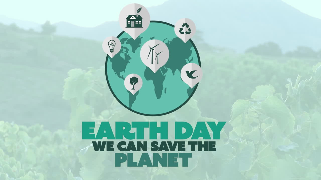 Animation of earth day text over globe and landscape