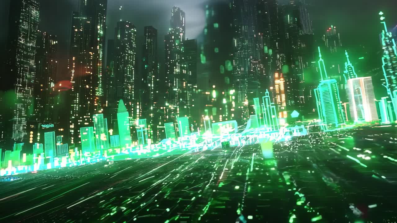A cityscape with a green background and a green line. The city is lit up with neon lights