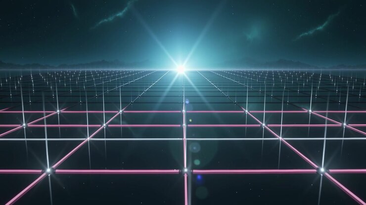 Brightening neon grid plane forming mist path toward camera under stars, as horizon brightening