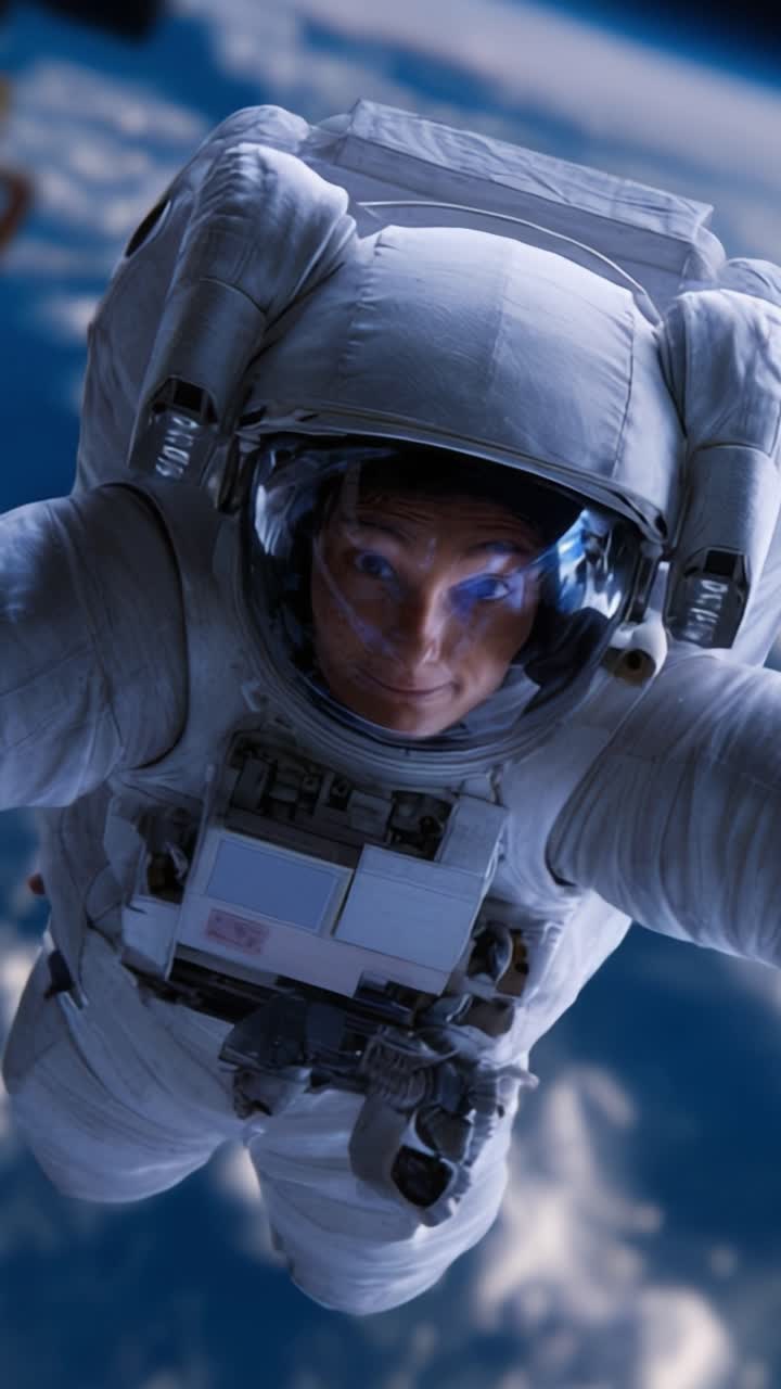 An astronaut floats weightlessly in space, showcasing advanced space suit technology and the awe-inspiring view of Earth and stars in the background