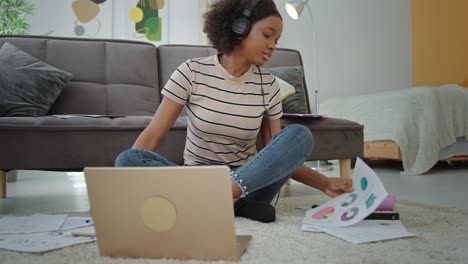 african american student listening to music and doing homework