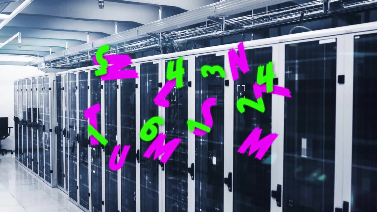 Colorful letters and numbers animation over server racks in data center