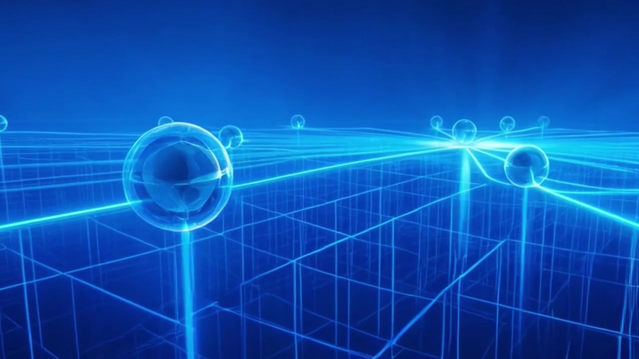 Digital Network Connection Nodes on a Glowing Grid