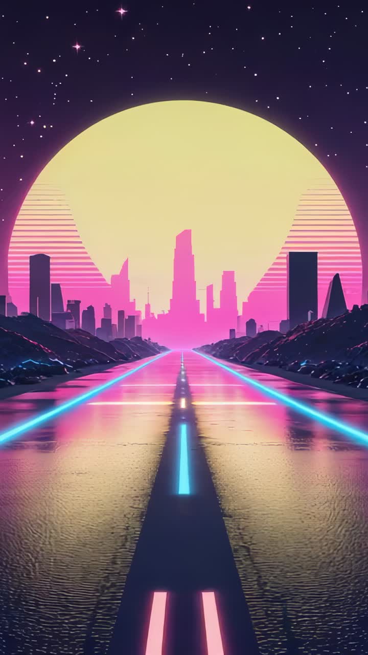 Vertical video: Pulsing neon highway stripes bars emitting cyan magenta yellow glows in desert pass