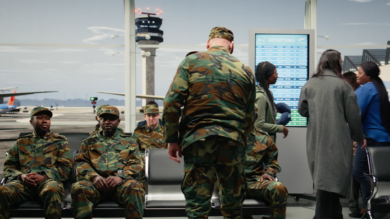 Veterano militare in aeroporto che comanda una squadra dell'esercito