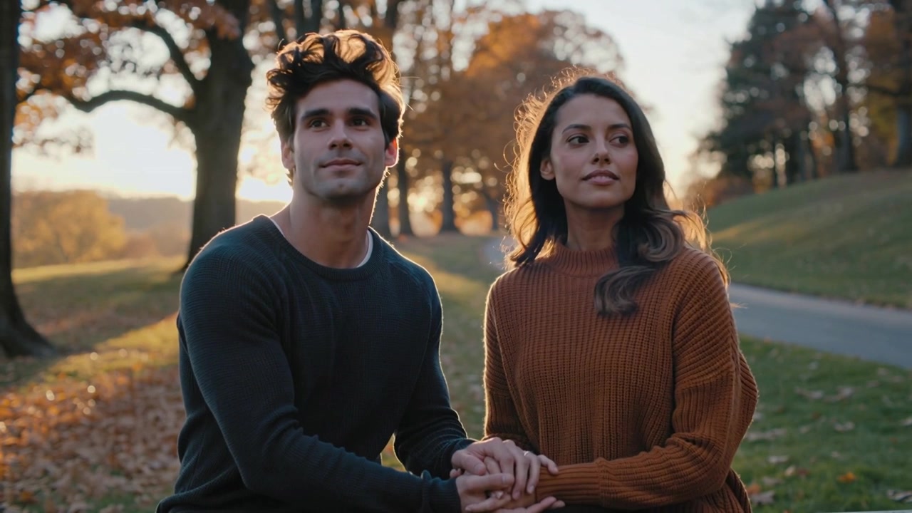 Rotating couple profile to front on bench in park at sunset holding hands rust-sweater dark-crew