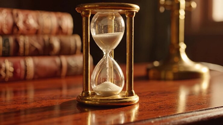 An Elegant Hourglass Displaying Time's Flow Against a Background of Richly Textured Leather-Bound Books and Subtle Natural Lighting in a Classy Setting