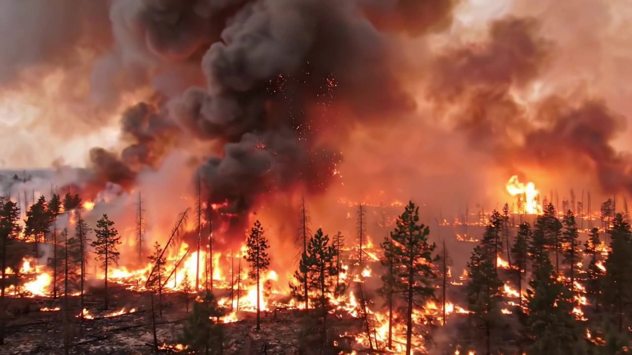 Un devastante incendio boschivo inghiotte le foreste, sprigionando fumo denso e fiamme, evidenziando l'urgente necessità di consapevolezza ambientale e strategie di gestione degli incendi.