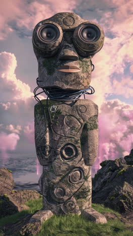 ancient-stone-heads-wearing-headphones-on-an-island-generative-art