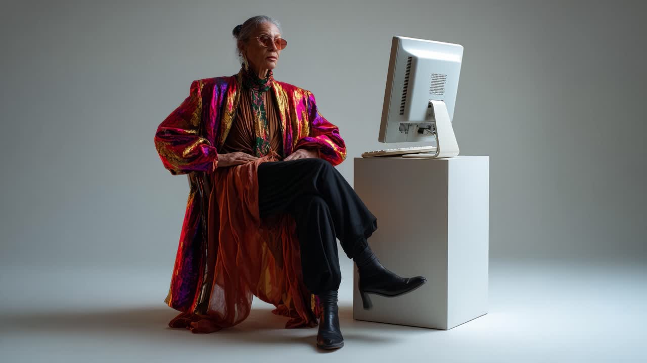 Fashionable Elderly Individual in Informal Portraits by Computer, Showcasing Vibrant Colors and Unique Style in Contemporary Environment