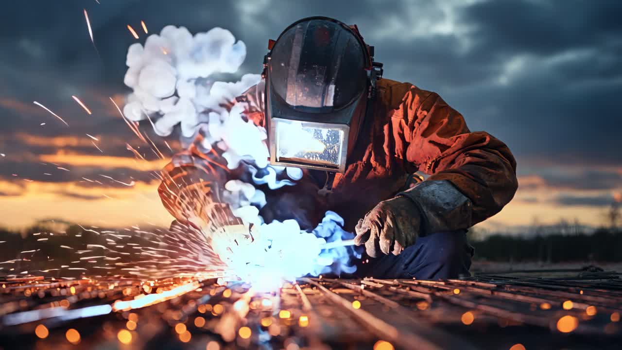 A man in a protective suit is working on a piece of machinery. The scene is set in a factory with a lot of sparks flying around. The man is focused on his work