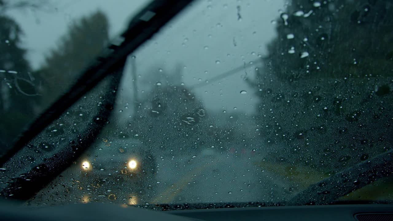 강한 비를 내고 차를 운전하는 승객의 시야, 앞 유리창 와이퍼