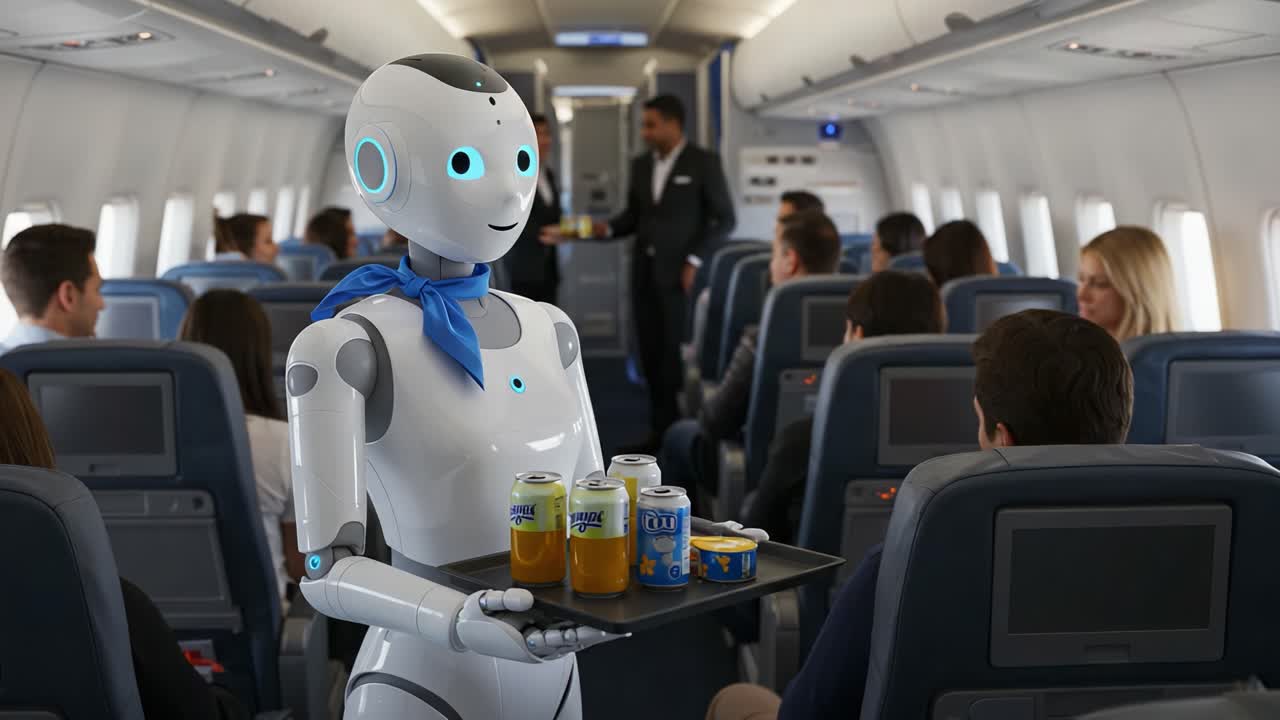 Innovative Robot Serves Refreshments to Passengers Aboard an Airplane, Showcasing the Future of Airline Service and Technology Integration in Travel Experiences