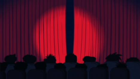 animation of spotlights moving on red curtains opening and audience in cinema on blue background