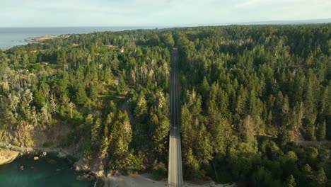 Drone-shot-of-the-Pacific-Coast-Highway-cutting-through-California's-coastline