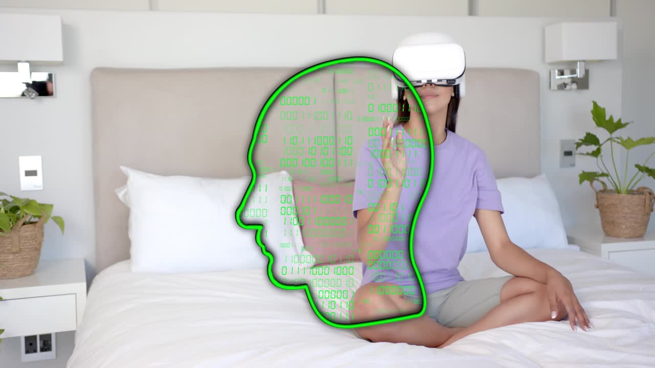 白いVRヘッドセットを装着した女性が、マトリックス・シルエット・オーバーレイ・トラッキングでVRを操作するために、右手を軽くつまんでいます。