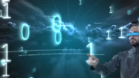 codificación binaria y procesamiento de datos sobre hombre caucásico que usa gafas vr contra nubes oscuras