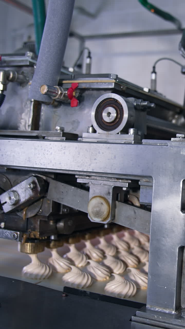 Complicated mechanism moving to produce marshmallow desserts. Automated line at manufacturing sweets. Vertical video