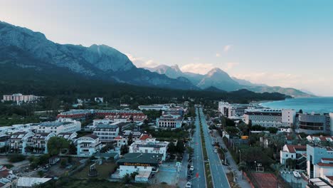 Drone-View-of-Kemer-City-of-Antalya,-Resort-Town-on-Mediterranean-Coast-of-Turkey