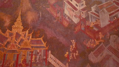 a detailed mural depicting traditional thai architecture and scenes, captured with warm lighting at wat pho, bangkok