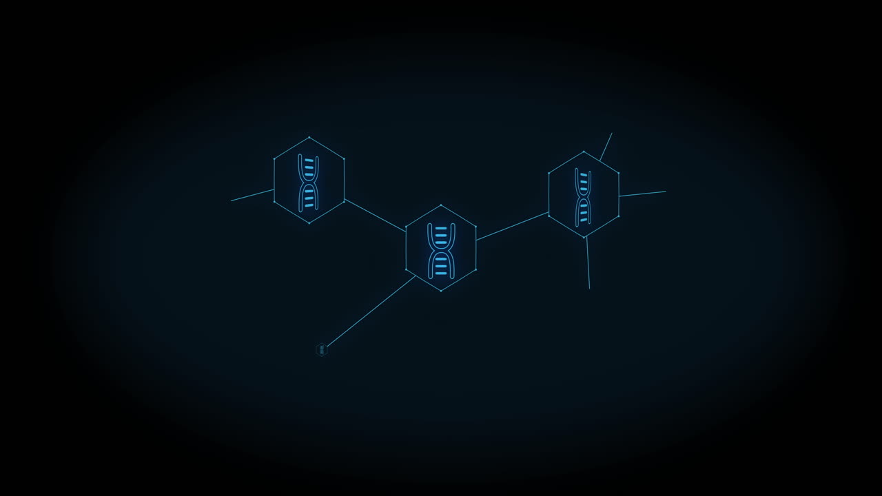Animation of growing network of blue dna strand icons on black background