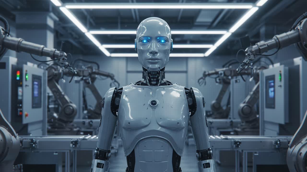 Futuristic Automated Workspace Featuring a Human-like Robot with Advanced Blue Eyes and Robotic Arms in a High-Tech Environment