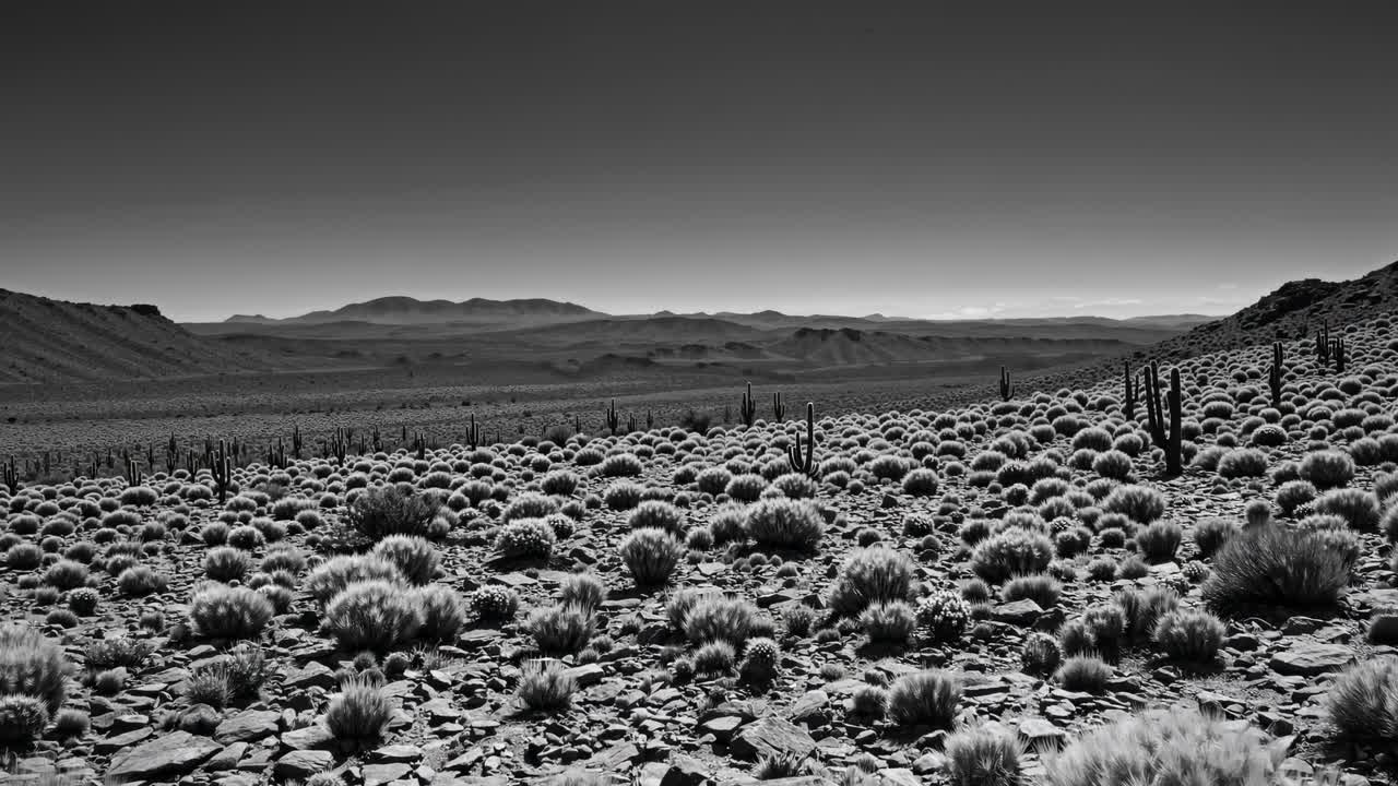 Black and white desert landscape with low-angle view, showcasing vast terrain and cacti