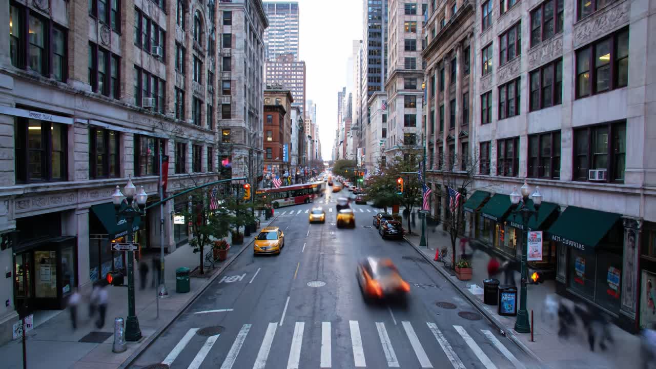 A Bustling Urban Street Scene Captured at Dusk: Cars, Pedestrians, and City Life in Motion Amidst Historic Architecture and Vibrant Storefronts