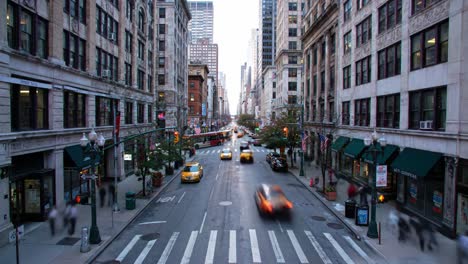a bustling urban street scene captured at dusk: cars, pedestrians, and city life in motion amidst historic architecture and vibrant storefronts