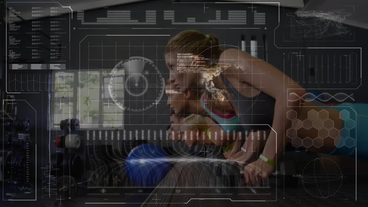 animación de escaneo de alcance y procesamiento de datos sobre mujeres que hacen ejercicio en el gimnasio