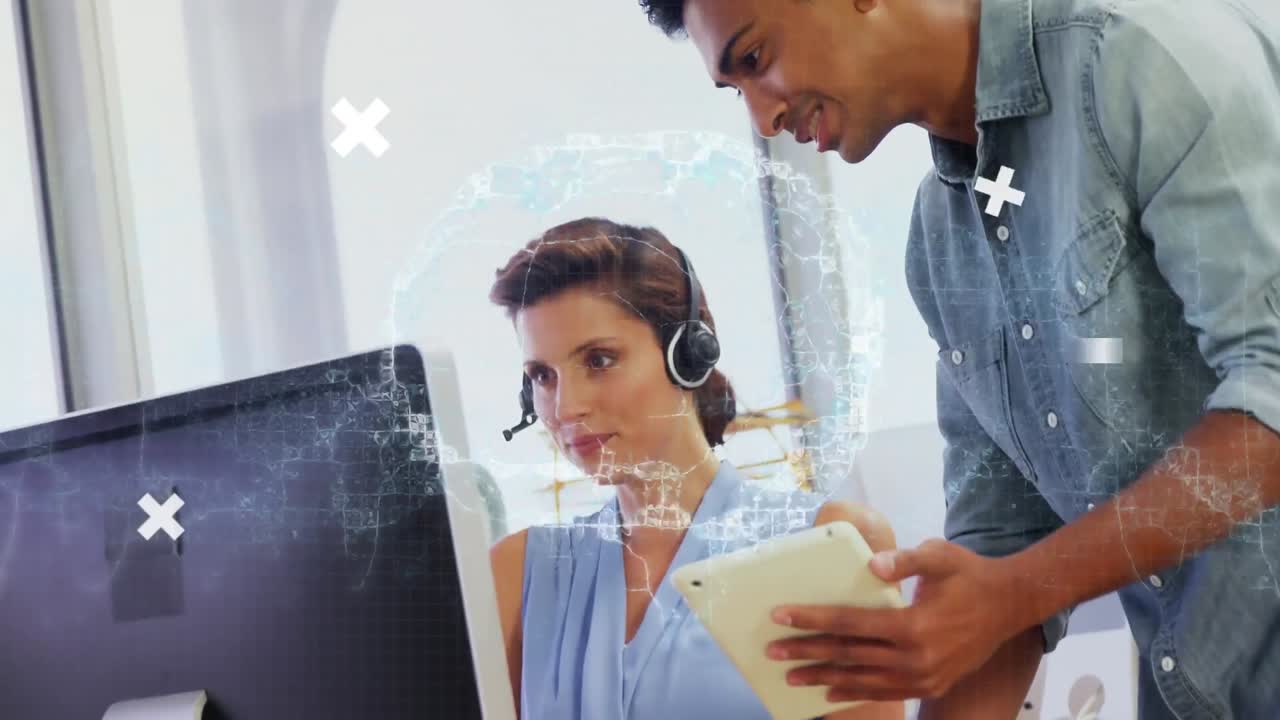 Animation of brain over diverse business people in office