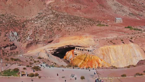 aerial over the puente del inca which is a natural arch over the las cuevas river in the mendoza province, argentina