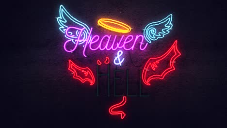 realistic 3d render of a vivid and vibrant flashing animated neon sign, with the words heaven - hell flashing alternately, with a concrete wall background