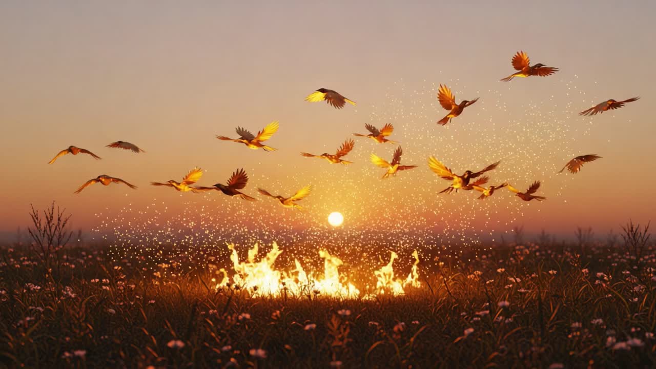 A Serene Evening Scene: Captivating Flight of Birds Against a Burning Horizon as the Sun Sets, Creating a Vibrant Contrast with the Golden Flames and Blossoming Flowers