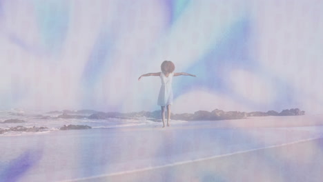 balancing on beach, woman in white dress with abstract blue animation overlay