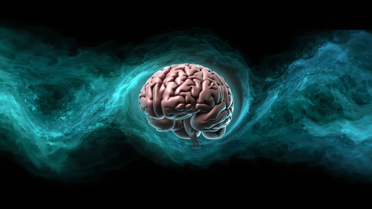 Accelerating neon aqua ring causing 3D brain model spinning in black void with digital particles