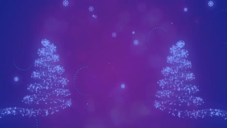 Animation-Von-Weihnachtsbäumen-Und-Schnee,-Der-Auf-Violetten-Hintergrund-Fällt